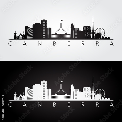 Canberra skyline and landmarks silhouette, black and white design, vector illustration.