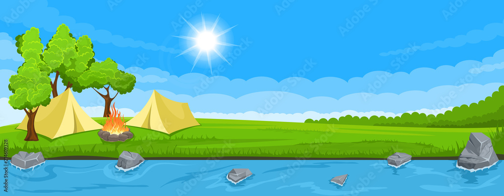Obraz premium Tent camp on the river bank