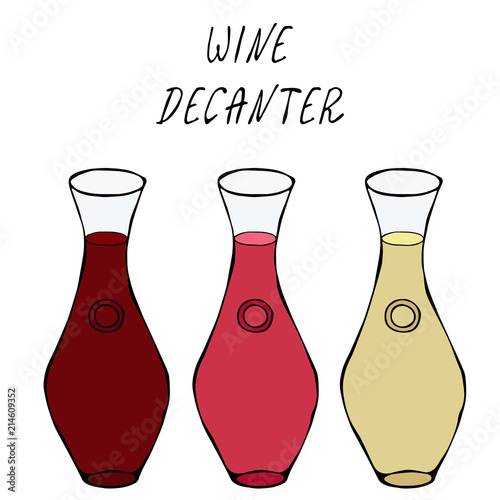 Alcohol Beverage Red, Rose, White Wine in a Decanter. Bar Collection. Realistic Hand Drawn High Quality Vector Illustration. Doodle Style.