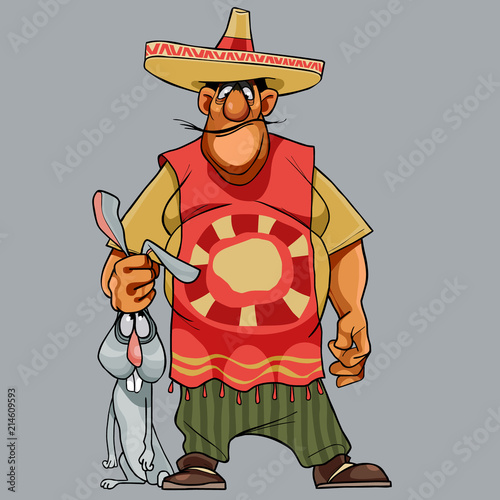 cartoon man in a sombrero holding a rabbit by the ears