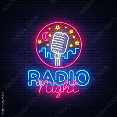 Radio Night Neon Logo Vector. Radio Night neon sign, design template, modern trend design, Radio neon signboard, night bright advertising, light banner, light art. Vector illustration
