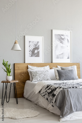 Plant on table next to wooden bed in grey bedroom interior with lamp and posters. Real photo