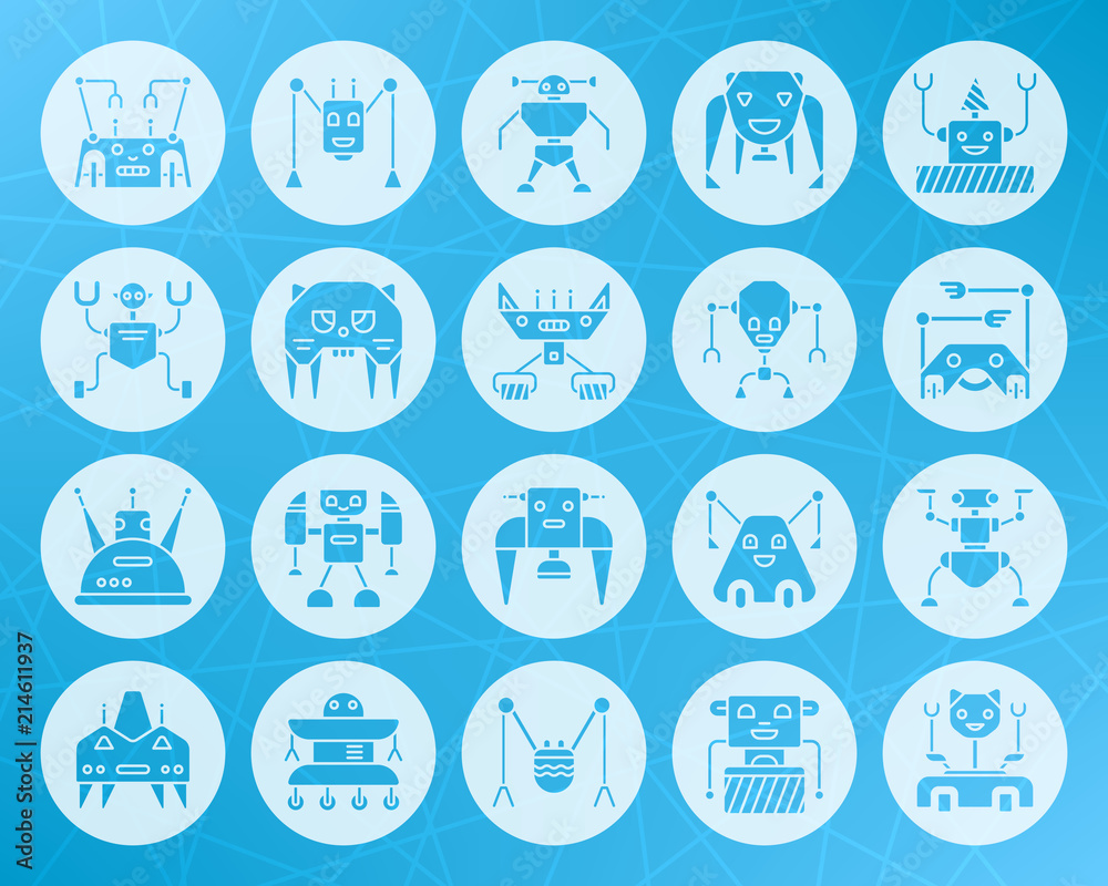 Robot shape carved flat icons vector set