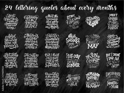 Set of compositions for every months, calendar, planner template. Hand drawn lettering quotes for calendar design, illustration
