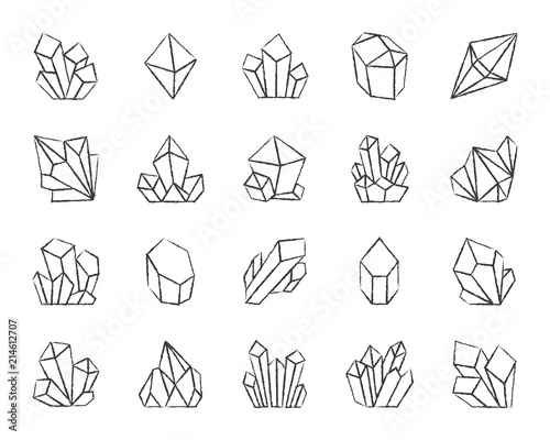 Crystal charcoal draw line icons vector set