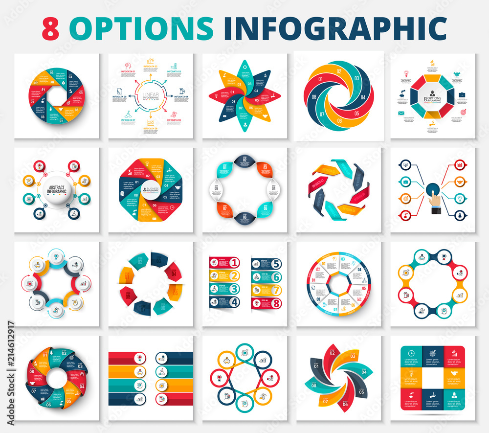 Set of vector infographic design layouts with 8 options, parts or step. Minimal, flat and realistic diagrams. Business presentation.