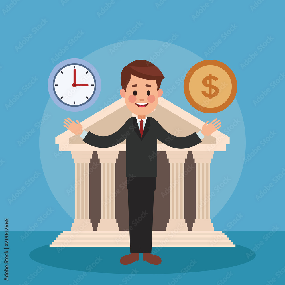 Businessman with time and money in bank vector illustration graphic design