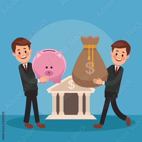 Businessmens depositing money and savings in bank vector illustration graphic design