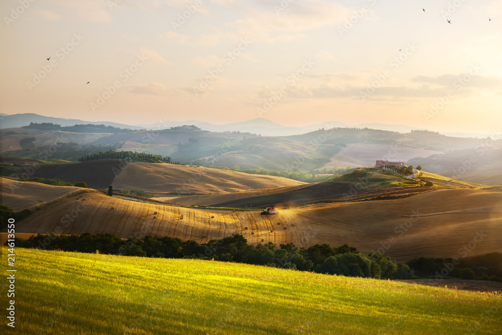 Italy. Tuscany farmland and rolling hills; summer countryside Landscape
