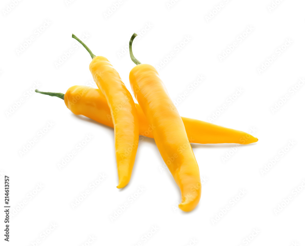Fresh hot chili peppers on white background