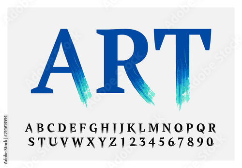 Vector stylized font made of classic letters and brush strokes. Latin alphabet from A to Z and numbers from 0 to 9. Beautiful realistic oil style.
