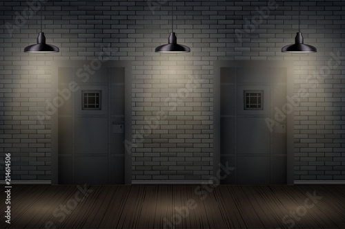 Prison interior with Metal Prison Jail cell doors and pedant lamps. Vintage jail and prison cell. Concept design for quest rooms and escape games. Vector Illustration. photo