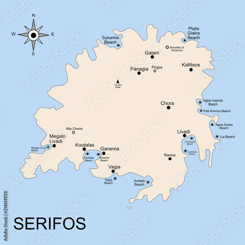 The geography map of Serifos island, in the archipelago of the Cyclades islands. There is indicated the position of towns and beaches.