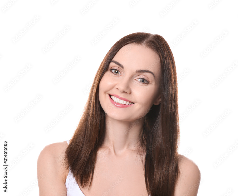 Beautiful young woman with healthy teeth on white background