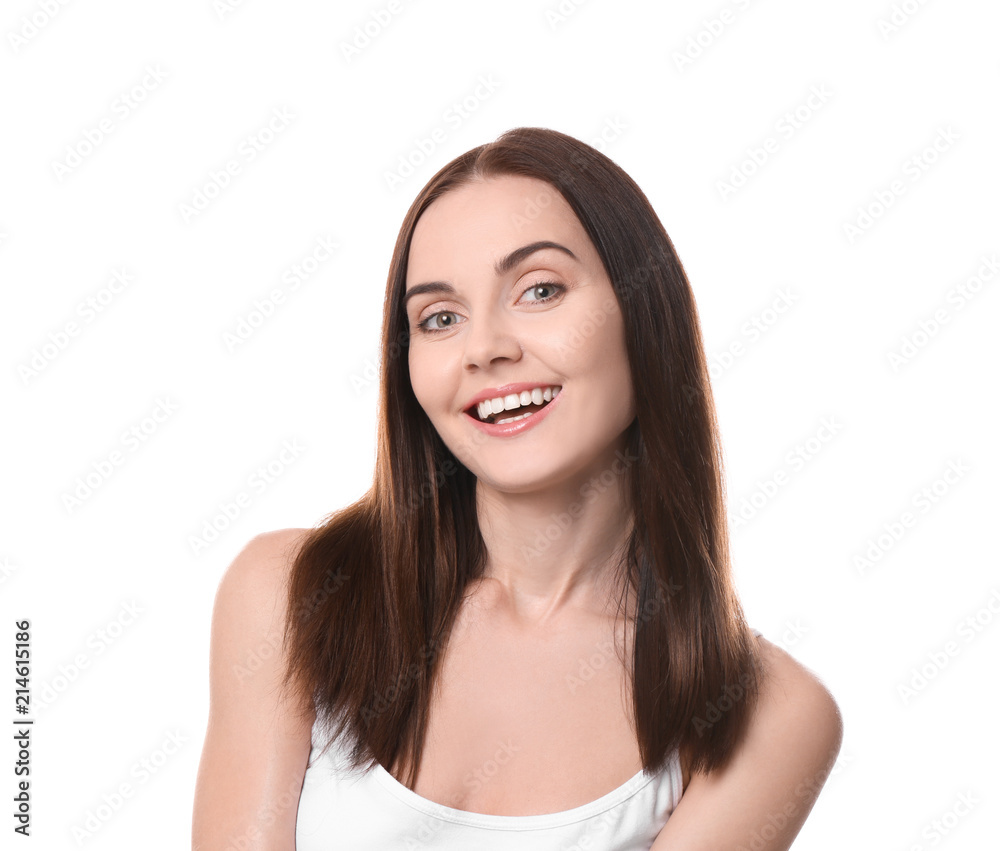 Beautiful young woman with healthy teeth on white background Beautiful young woman with healthy teeth on white background