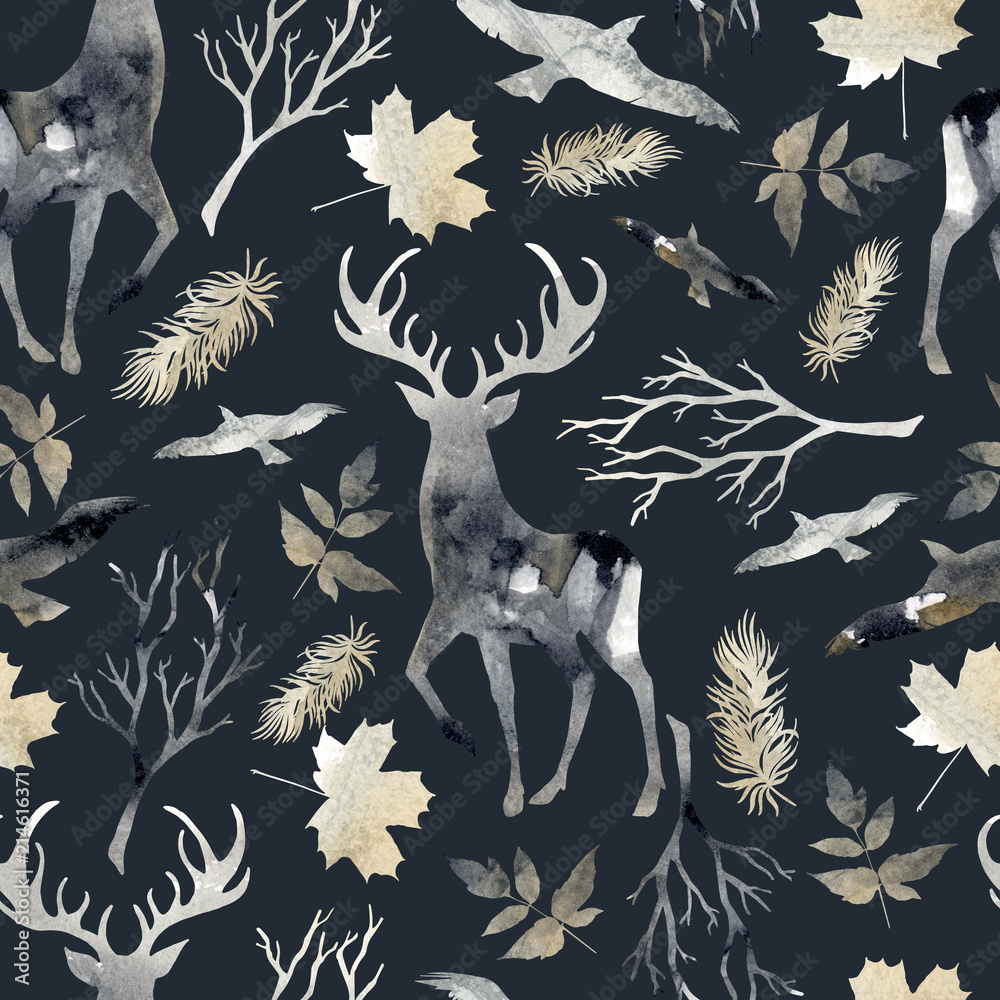 Obraz premium Północnego lasu wzór z jelenia, ptaków, elementów liści. Akwarela wyciągnąć rękę