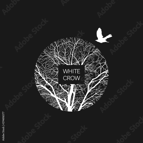 Square template with a white crow and a tree on a black background. Banner template.