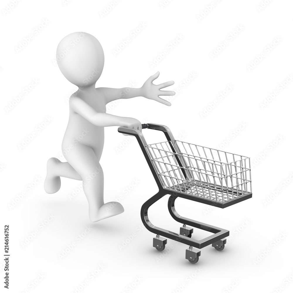 3d rendered white man with a shopping cart