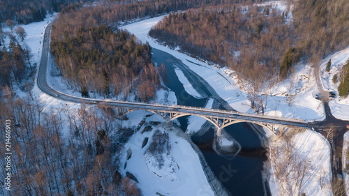 Winter brigge Gauja Latvia aerial drone top view photo