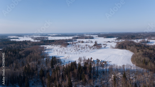 Winter field Krimulda Latvia aerial drone top view