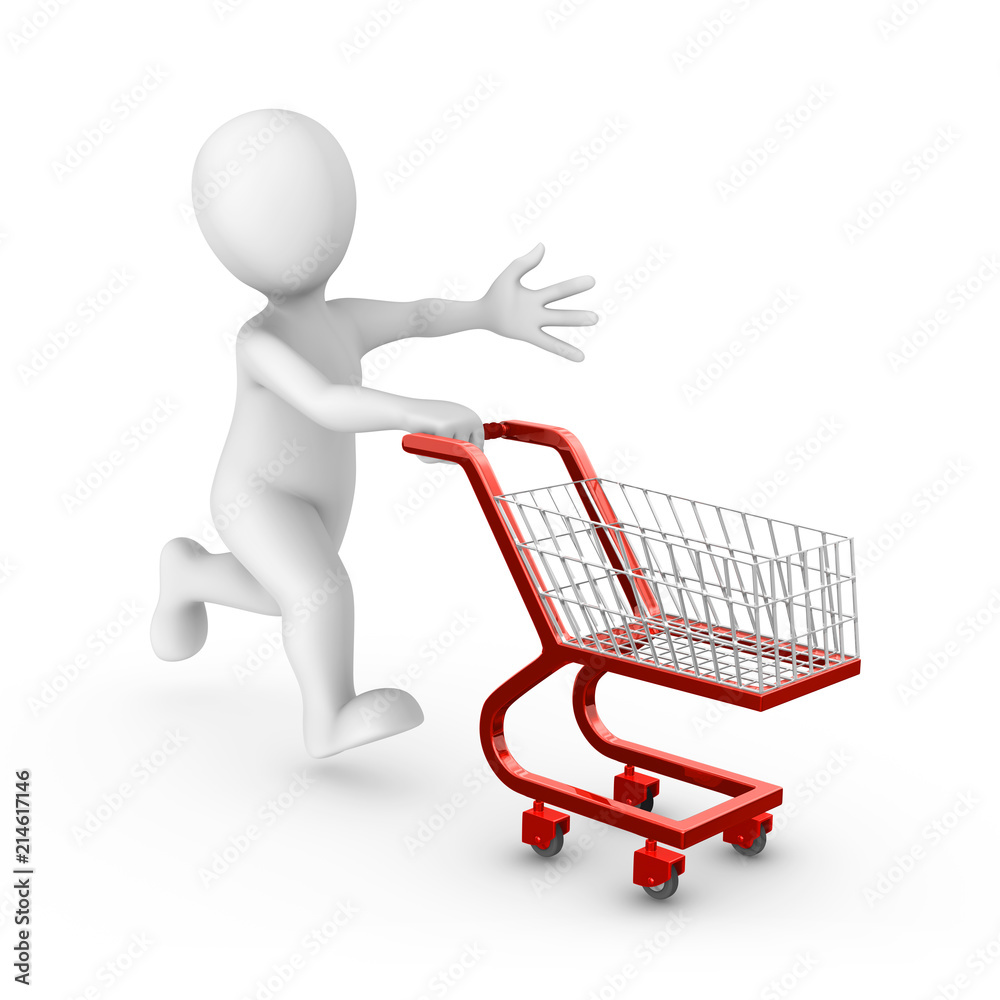 3d rendered white man with a red shopping cart 3d rendered white man with a red shopping cart