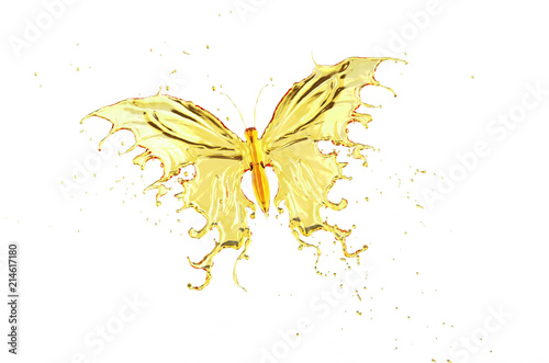 Olive oil Splash or engine oil In the shape of a Butterfly 3d illustration.