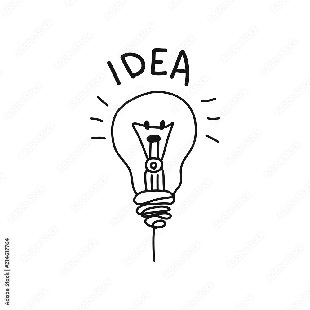 Idea. Black and white. Light bulb. Think. Hand drawing. Isolated. Icon. For your design. Idea. Black and white. Light bulb. Think. Hand drawing. Isolated. Icon. For your design.