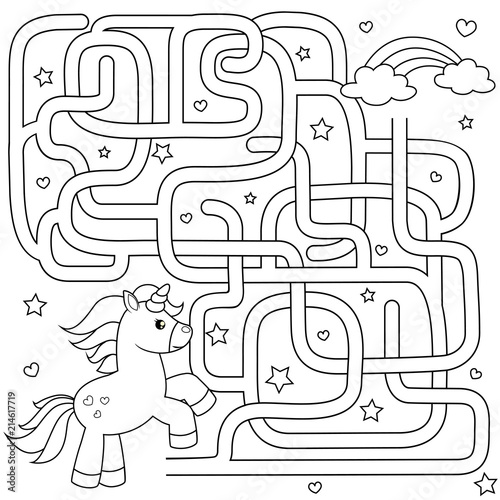 Help unicorn find path to rainbow. Labyrinth. Maze game for kids. Black and white vector illustration for coloring book