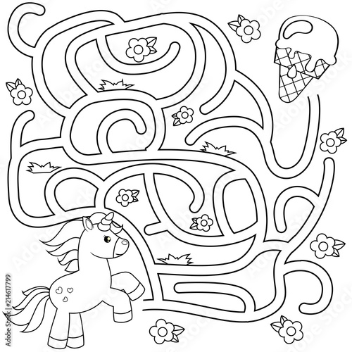 Help unicorn find path to ice cream. Labyrinth. Maze game for kids. Black and white vector illustration for coloring book 