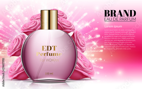 Perfume Rose Bottles on Soft Pink Background Flowers. Excellent Cosmetics Advertising Gentle. Cosmetic Package Design Sale or Promotion New Product. 3D Vector Illustration