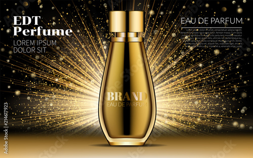 Cosmetic Design Product. Realistic Gold Woman Parfume Bottle Mockup on Dazzling Background. Golden bokeh. Contained Glass Mock up. Excellent Advertising. 3D Vector Illustration