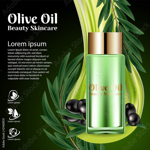 Vector Glass Jar on Black Background With Black Olives. Element Modern Design Advertising for Sales. Cosmetic Face Cream Body. Premium Ads Mock Up Excellent Advertising. Realistic 3d illustration