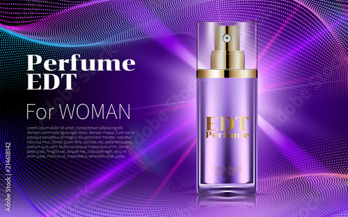 Perfume Glass Bottle Product Advertising Realistic Composition on Purple Background. Luxury Cosmetic. Modern Design Advertising for Sales. Vector Realistic 3d illustration