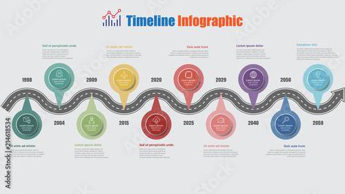 Road map business timeline infographic with 10 step pins designed for abstract background elements diagram planning process web pages digital technology data presentation chart. Vector illustration