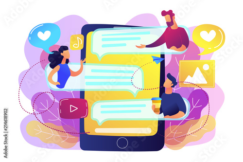 Tablet with users communicating and speech bubbles. Global internet communication, social media and network technology, chat, message and forum concept, violet palette. Vector isolated illustration.