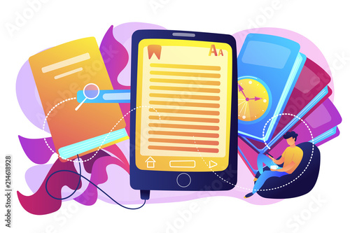 User reading ebook on tablet and books. Searchable digital library, education online, e-learning, easy access knowledge and transportation concept, violet palette. Vector isolated illustration.