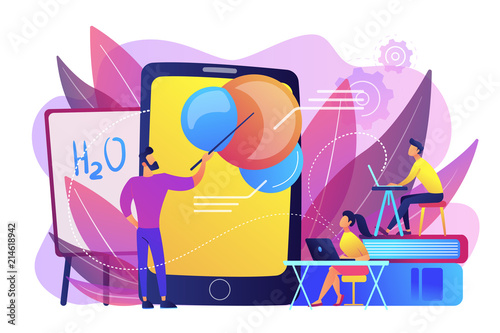 Professor teaching sudents science with help of tablet and augmented reality. Virtual reality, visual education, engaging teaching methods concept, violet palette. Vector isolated illustration.