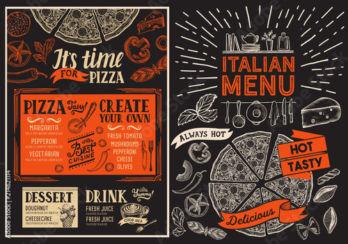 Pizza restaurant menu. Food flyer for italian bar and cafe. Design template with vintage hand-drawn illustrations.