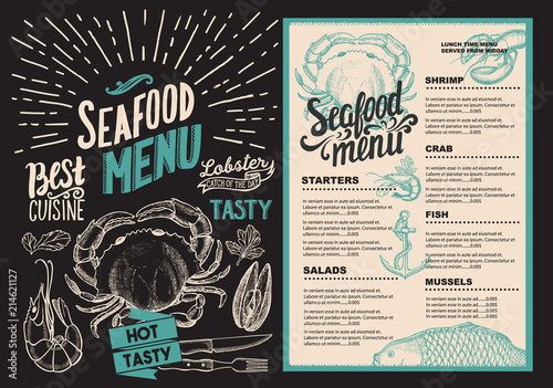 Seafood menu for restaurant. Food flyer for bar and cafe. Design template with retro hand-drawn illustrations.