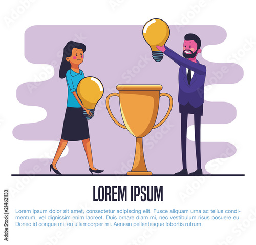 Business people with big ideas and tropy cup vector illustration graphic design