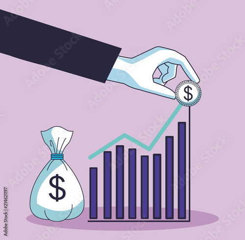 Hand putting coin in statistics bars peak vector illustration graphic design