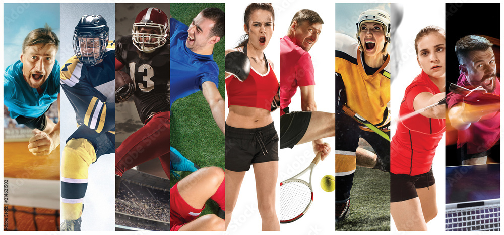 Sport collage about soccer, american football, badminton, tennis, boxing, ice and field hockey, table tennis