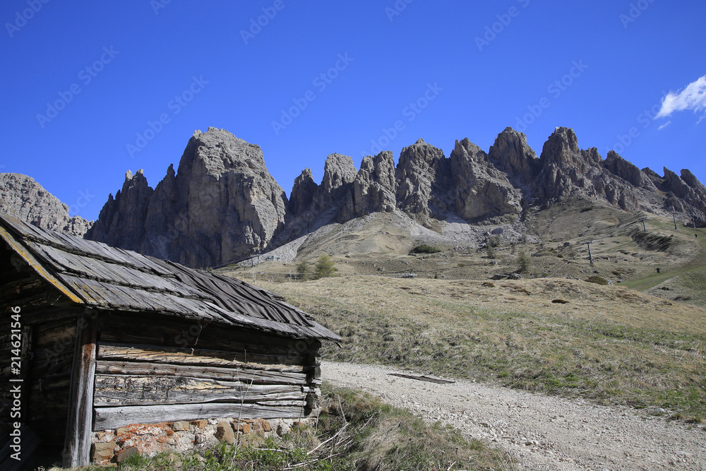 Grödnerjoch mit Almhütte, Dolomiten, Südtirol, Italien, Europa
