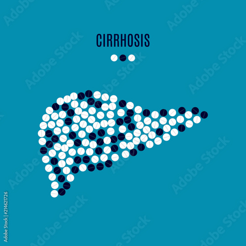 Liver cirrhosis disease awareness poster with liver made of white and black pills on blue background. Medical solidarity concept. Human body organ anatomy icon. Vector illustration.