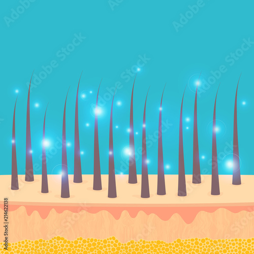 Hair follicle premium treatment and strengthening nourishing concept. Scalp cure with collagen serum and vitamin ingredients. Medical diagnostics symbol. Vector illustration.