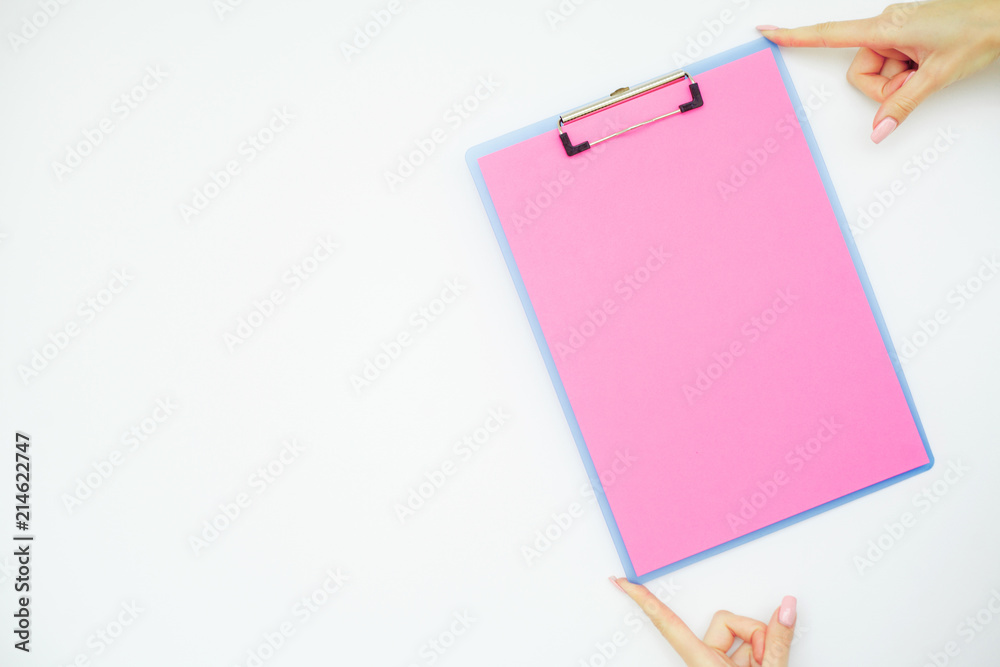 Blank Folder with Pink Paper. Hand that Holding Folder and Handle on White Background. Copyspace. Place for Text Blank Folder with Pink Paper. Hand that Holding Folder and Handle on White Background. Copyspace. Place for Text