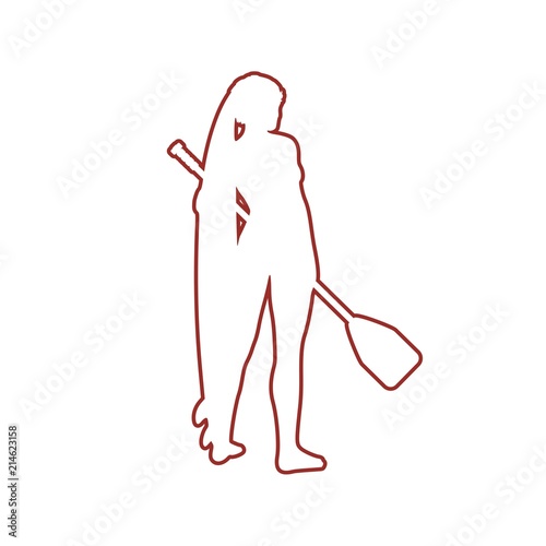 Woman posing with surfboard and paddle. Vintage surfing outline emblem. Stand up paddle boarding