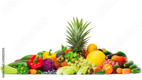 Fototapeta Naklejka Na Ścianę i Meble -  Group of tropical fresh fruits and vegetables isolated on white background