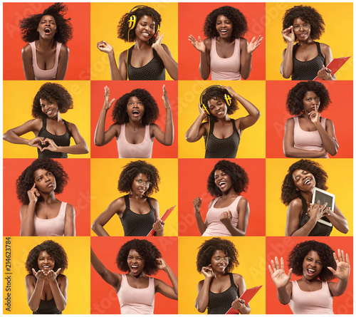 Collage about surprised and happy beautiful afro woman