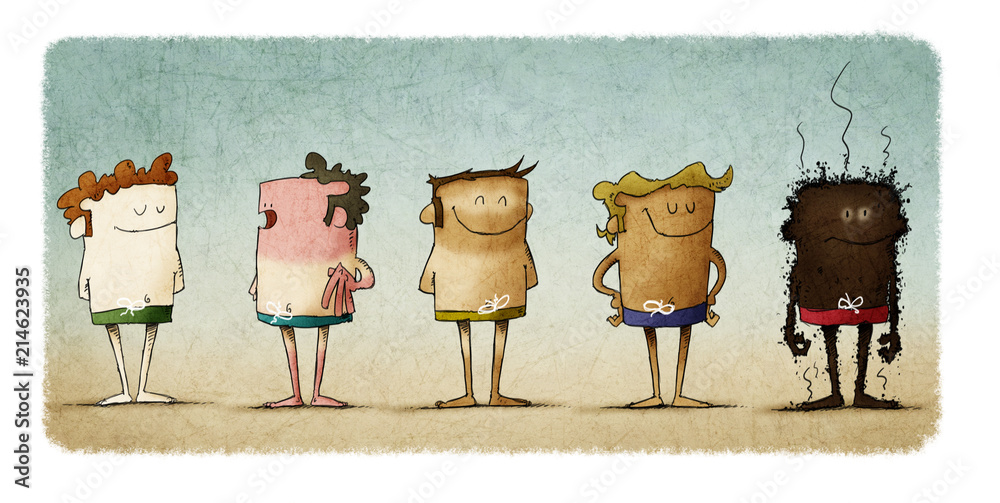 types of skin under the effects of the sun. five people with different skin  color. Funny illustration about the importance of sun protection. Stock  Illustration | Adobe Stock